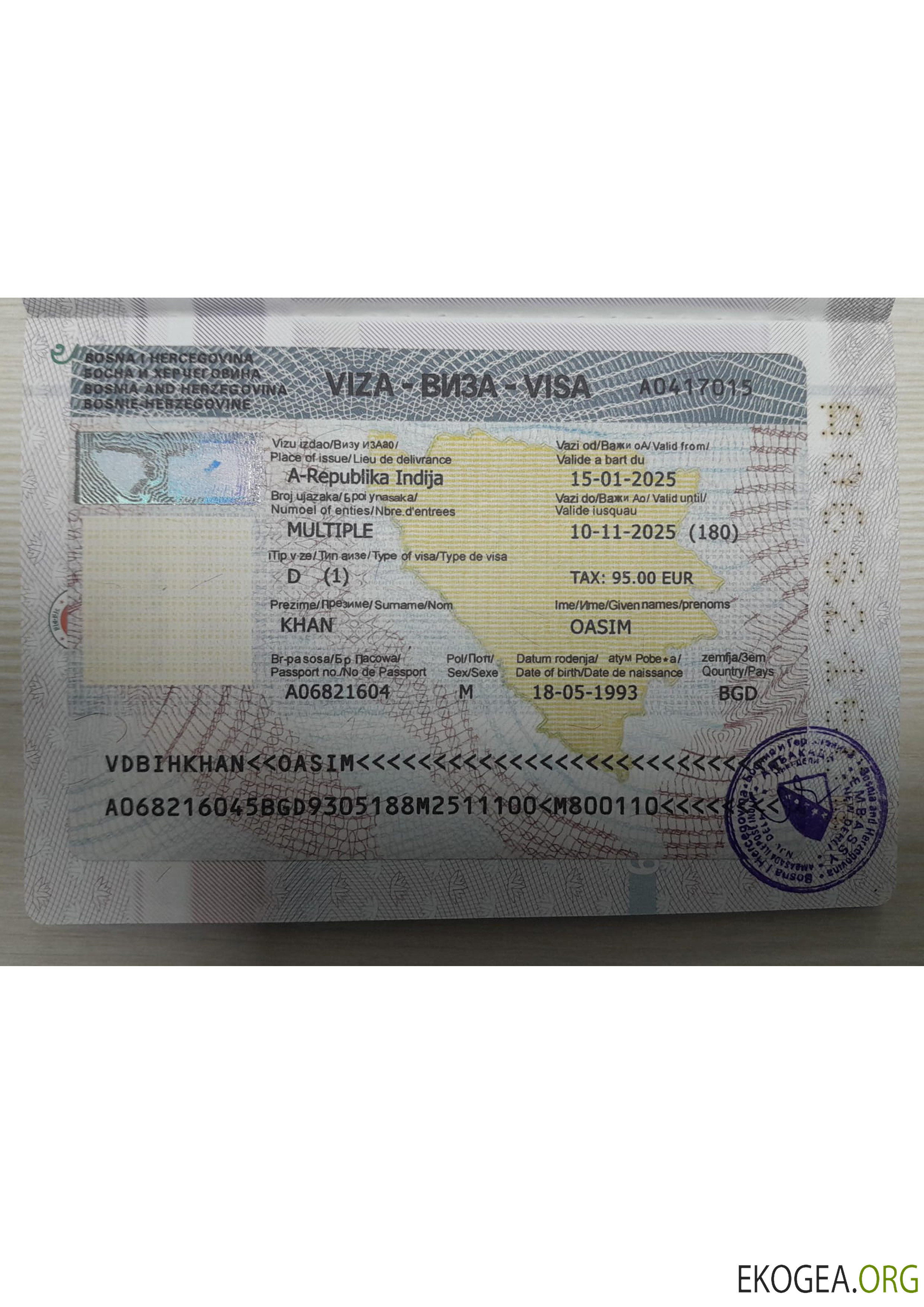 Visa de voyage pour la Bosnie Herzégovine avec page de passeport